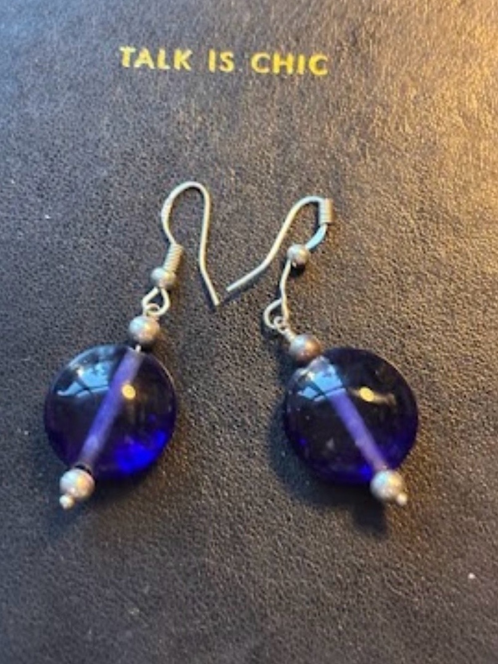 Translucent cobalt blue glass drop earrings / silver tone fish hooks w beading
